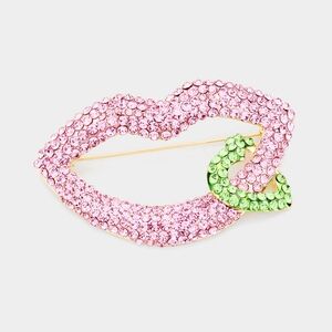 Pink Green Rhinestone Crystal Heart Lip Brooch Pin Cute Statement Accessory